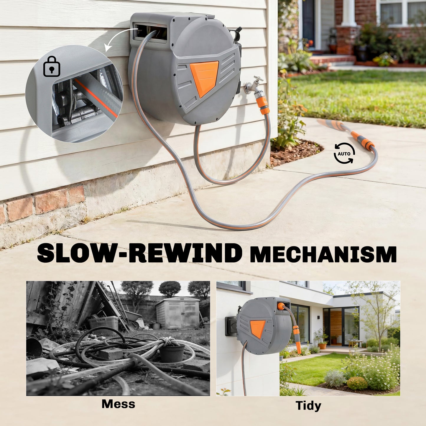 Retractable Hose Reel Wall Mounted, 30+2m Garden Hose Pipe Reel with Auto Retraction, Self-Locking, Orange