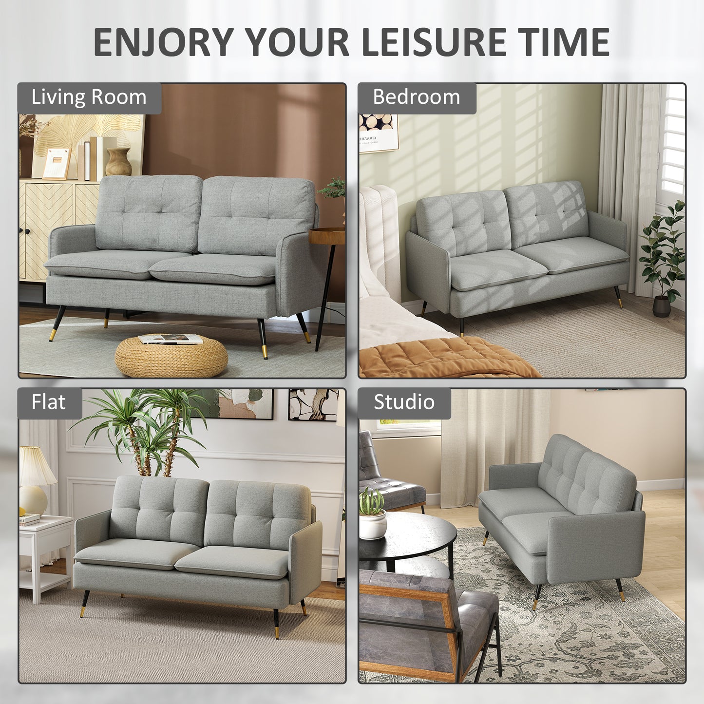 Modern Two Seater Sofa, Button Tufted Loveseat with Cushions and Steel Legs for Living Room, Guest Room, Grey
