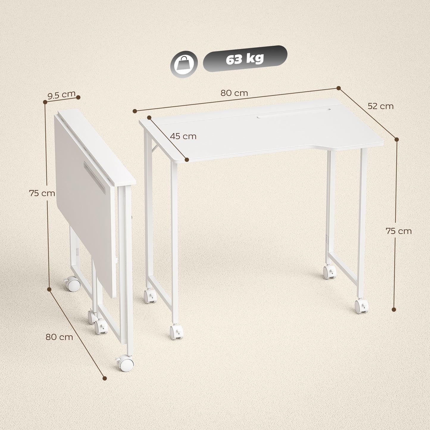 Small Folding Desk, with Wheels - White Wood-Effect