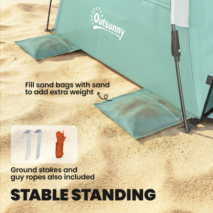 2-3 Person Pop Up Beach Tent, UPF15+ Sun Shelter with Extended Floor, Sandbags, Mesh Windows and Carry Bag, Green