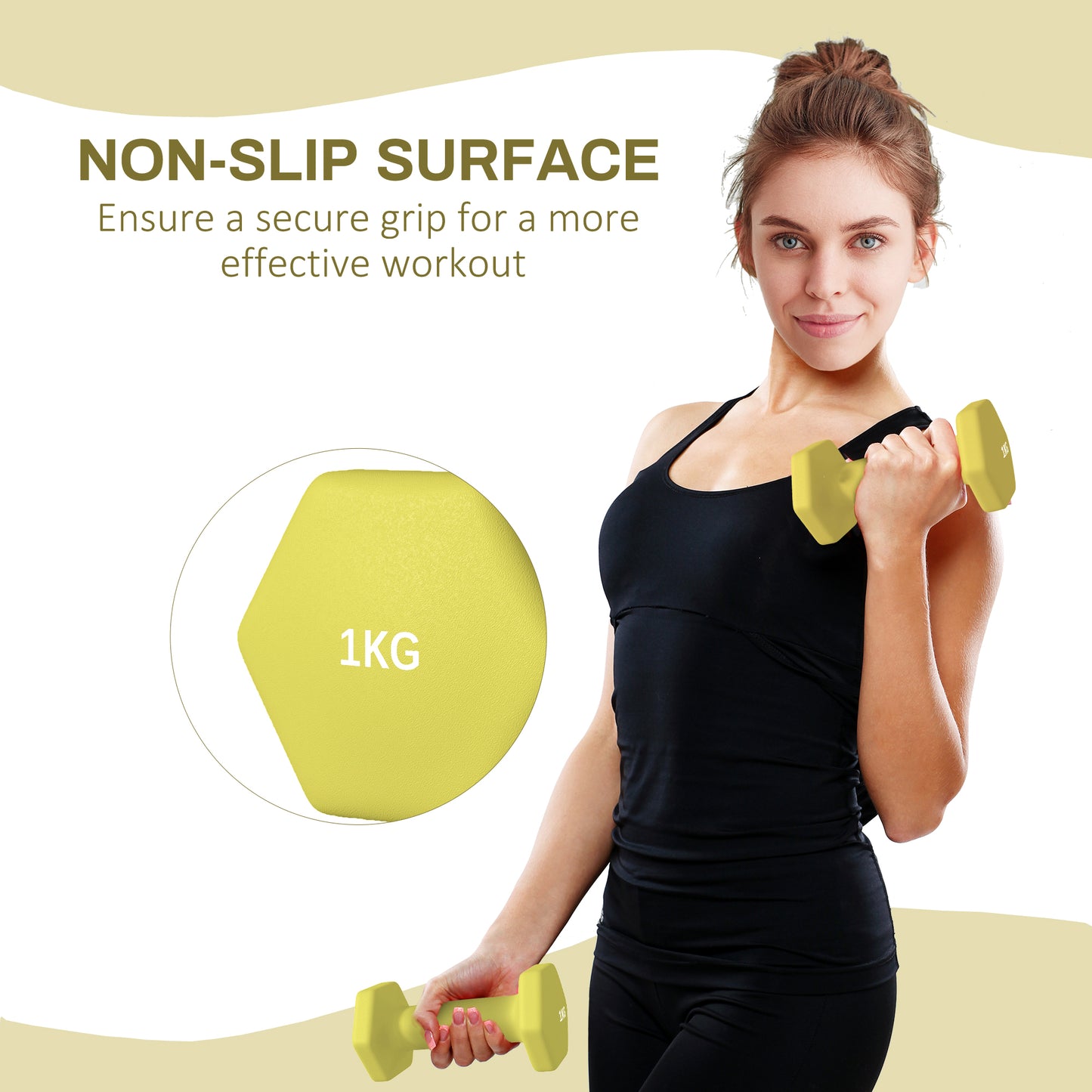 2 x 1kg Hexagonal Dumbbells Weights Set with Non-Slip Grip for Home Gym Workout, Yellow