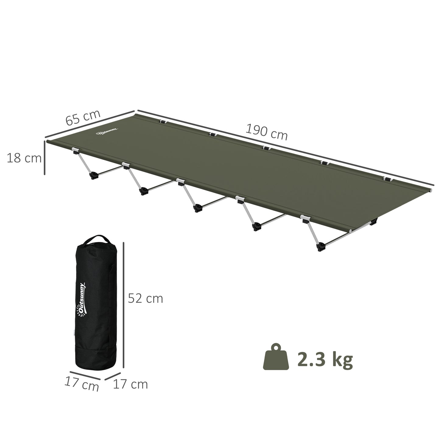Lightweight Camping Bed, Aluminium Portable Camp Cot w/ Strong Support 150kg and Carry Bag for Camping, Dark Green