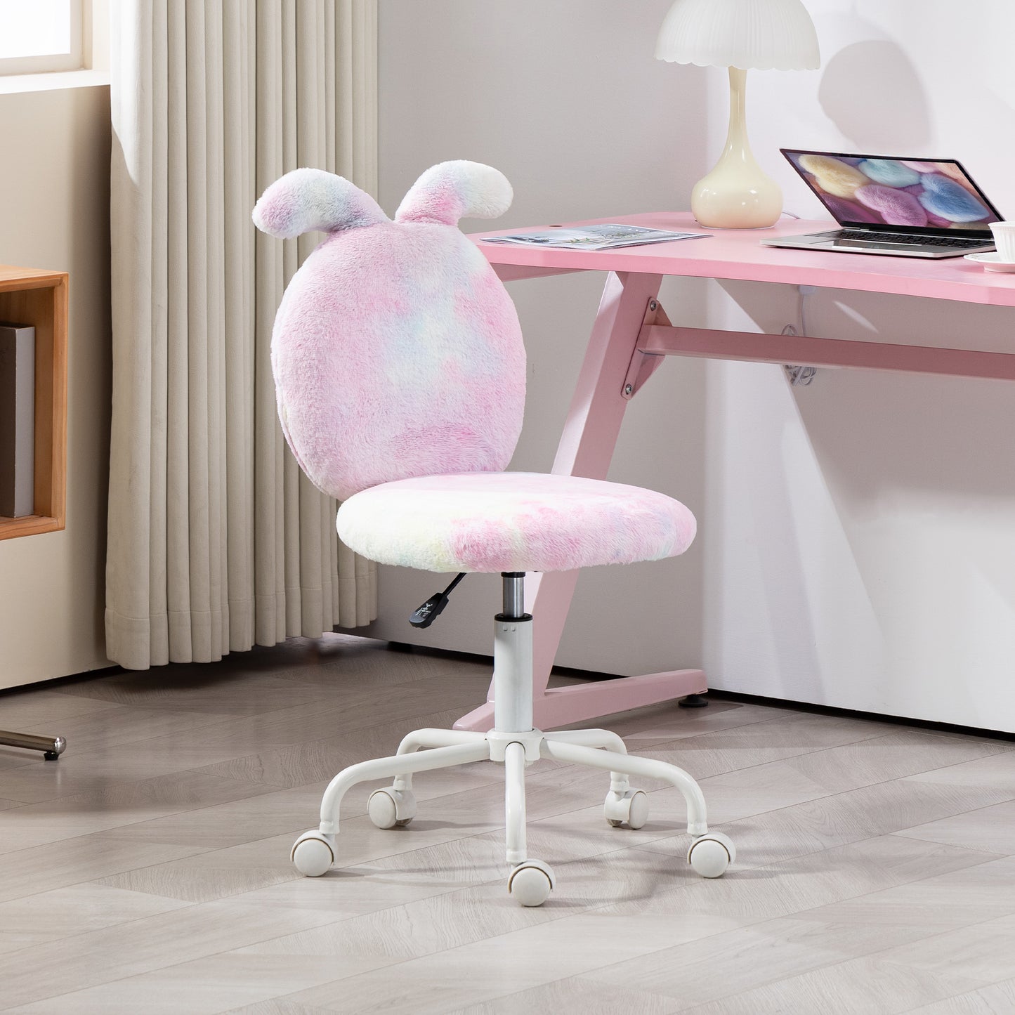 Fuzzy Office Chair with Bunny Ears, Faux Fur Swivel Desk Chair, Armless Makeup Vanity Chair