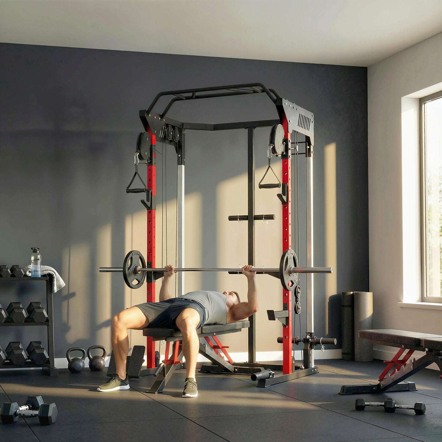 Power Cage, Power Rack with Adjustable Cable Pulley System, Pull-Up Bar, Dip Station, Landmine