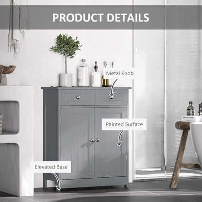 75x60cm Freestanding Bathroom Storage Cabinet Unit w/ 2 Drawers Cupboard Adjustable Shelf Metal Handles Traditional Style Gre