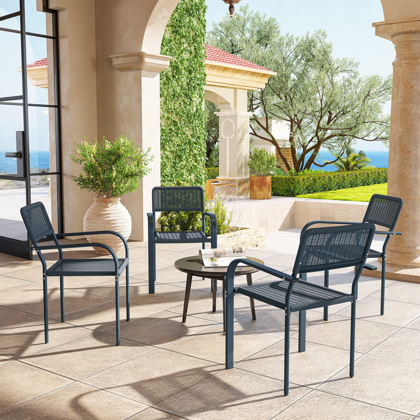 Garden Chairs Set of 4, Stackable Rattan Effect Dining Chairs with Armrest