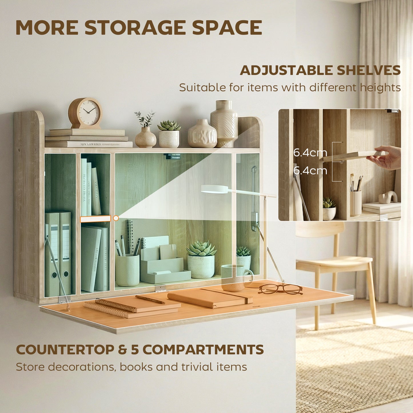 Wall Mounted Desk, Drop Leaf Floating Laptop Desk with Space Saving Storage Compartments for Home Office, Oak