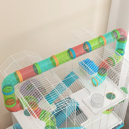 4 Tier Hamster Cage w/ Tubes, Exercise Wheel, Hut, Water Bottle, Food Dish, Ramps, for Dwarf Hamster, Light Blue