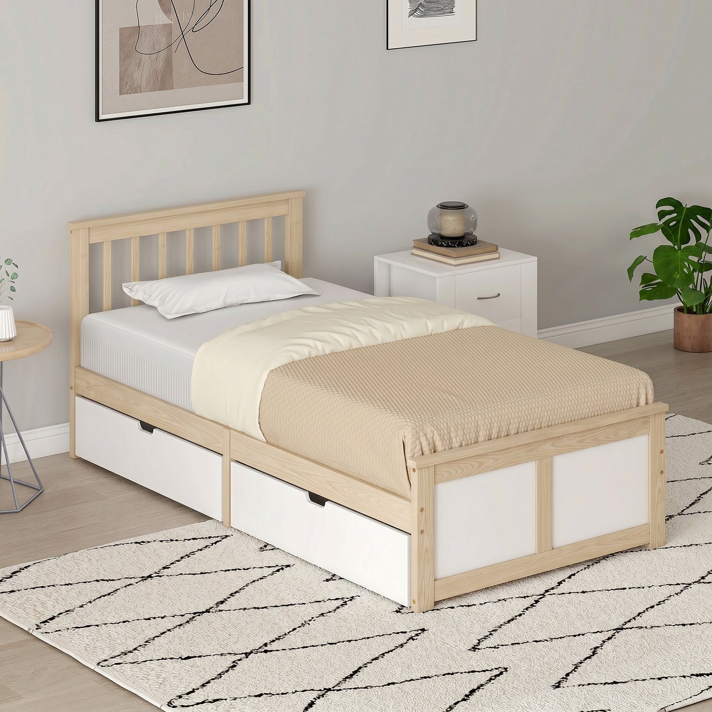 Pine Storage Bed, 3ft Single Solid Wooden Bed Frame with Drawers, Headboard, Wood Slat Support, Natural Wood Finish