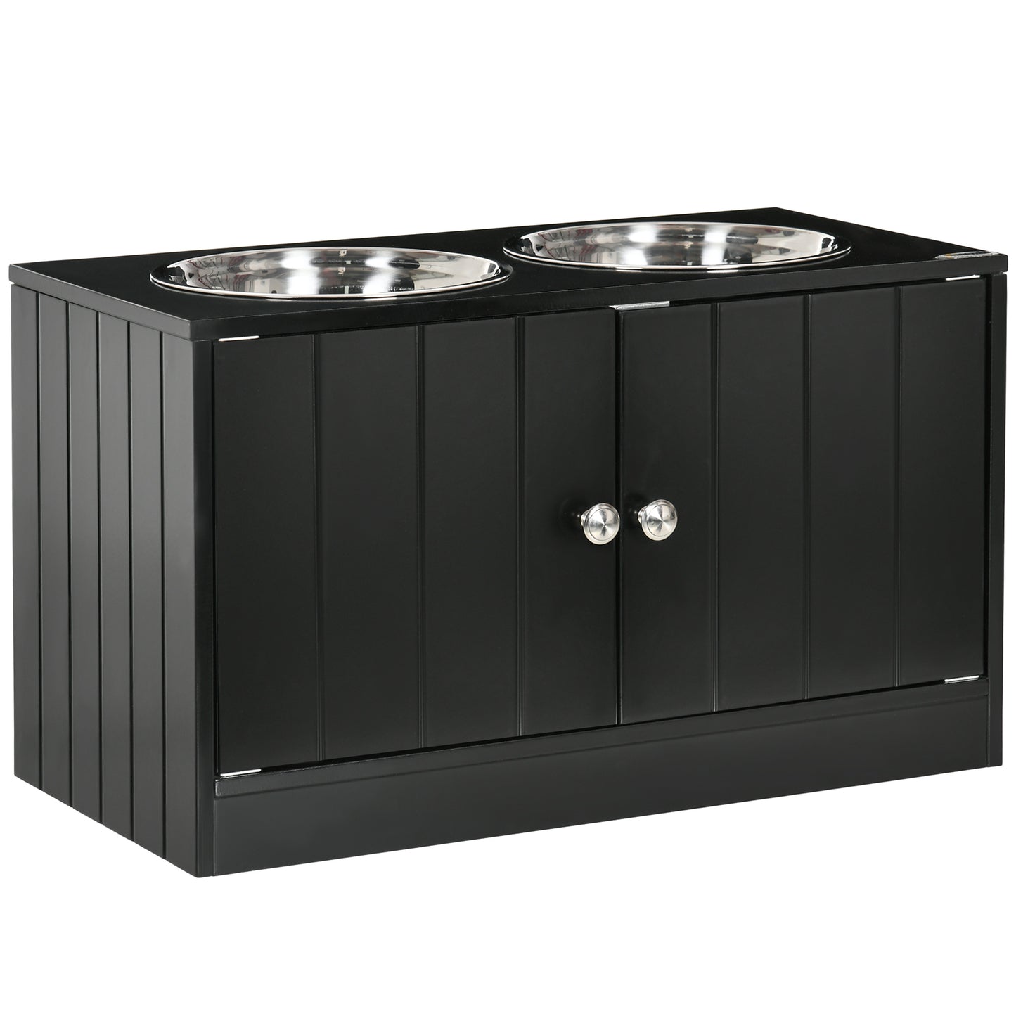 Raised Pet Feeder, with Two Bowls, Storage - Black