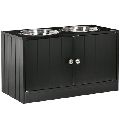 Raised Pet Feeder, with Two Bowls, Storage - Black