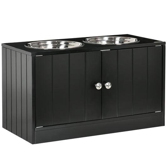 Raised Pet Feeder, with Two Bowls, Storage - Black