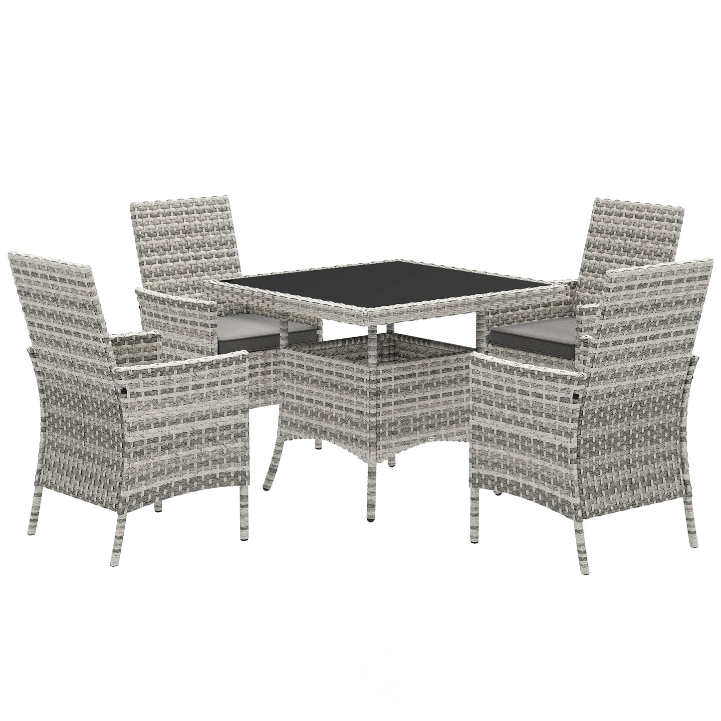 Rattan Garden Furniture Set, Outdoor Dining Table and Chairs 4 Seater with Cushions, Square Tempered Glass Top, 4 Armchairs