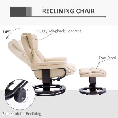 360° Swivel Recliner Chair with Footstool, PU Leather Manual Recliner Armchair with Footstool, Solid Wood Base
