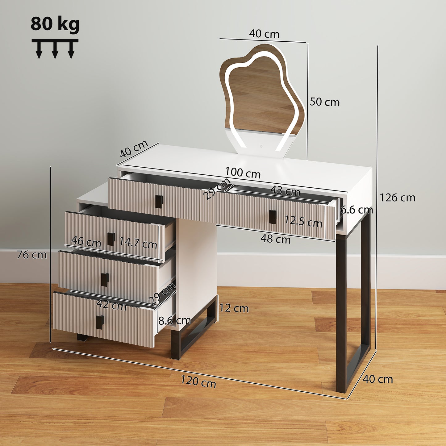 Dressing Table, Vanity Desk with Leaf Shape Mirror, Makeup Table with 5 Drawers, 3-Colour LED Lights, 100x40cm Tabletop