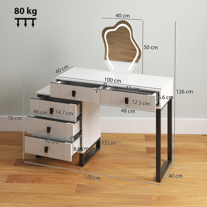 Dressing Table, Vanity Desk with Leaf Shape Mirror, Makeup Table with 5 Drawers, 3-Colour LED Lights, 100x40cm Tabletop