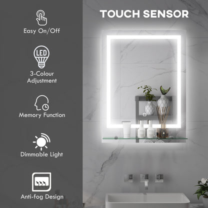 Large Vanity Mirror with Lights and Shelf, Illuminated bathroom Mirror with 3 Colour Brightness, Smart Touch, Anti-Fog