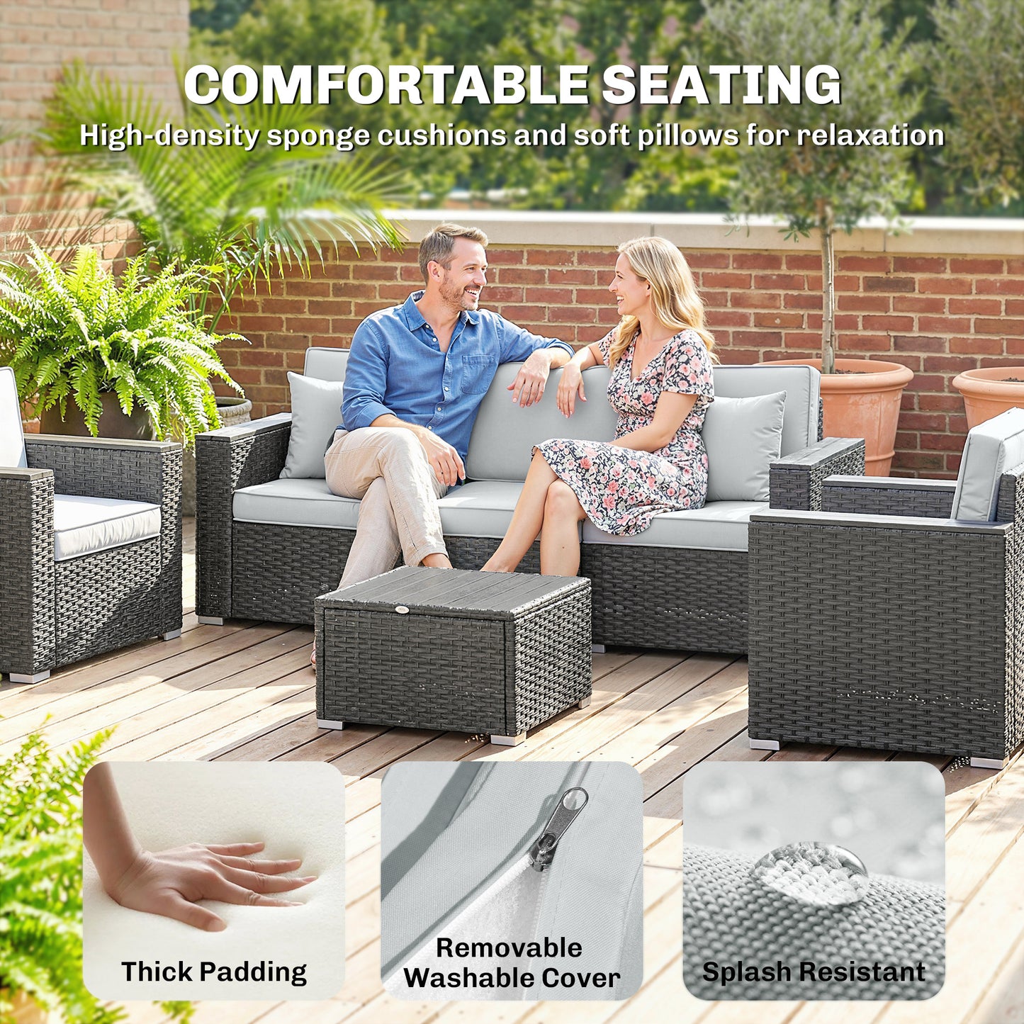 5 Seater Rattan Garden Furniture Set with Wide Armrests, Cushions, Pillows for Patio, Dark Grey