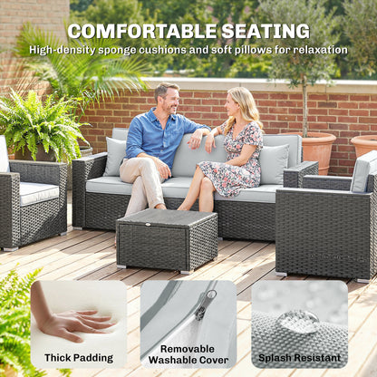5 Seater Rattan Garden Furniture Set with Wide Armrests, Cushions, Pillows for Patio, Dark Grey