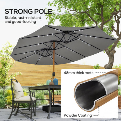 Double Sided Garden Parasol with Base Included & 48 Solar LED Lights Patio Umbrella Crank Handle 4.6m Light Grey