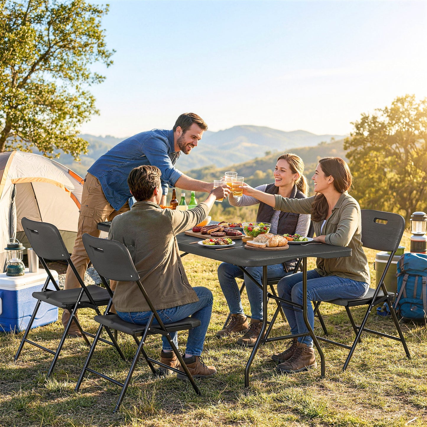 5 Piece 6ft Foldable Table and Chairs, Portable Picnic Table Set with 4 Chairs, Waterproof Top and Steel Frame, Black