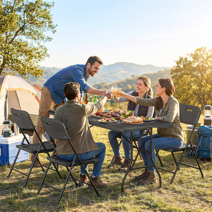 5 Piece 6ft Foldable Table and Chairs, Portable Picnic Table Set with 4 Chairs, Waterproof Top and Steel Frame, Black