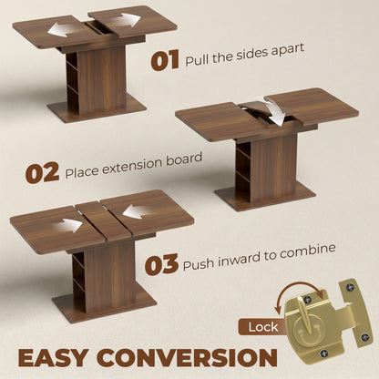 Extendable Dining Table for 4-6 People, 110-130cm Kitchen Table with 6 Open Shelves, Walnut Brown