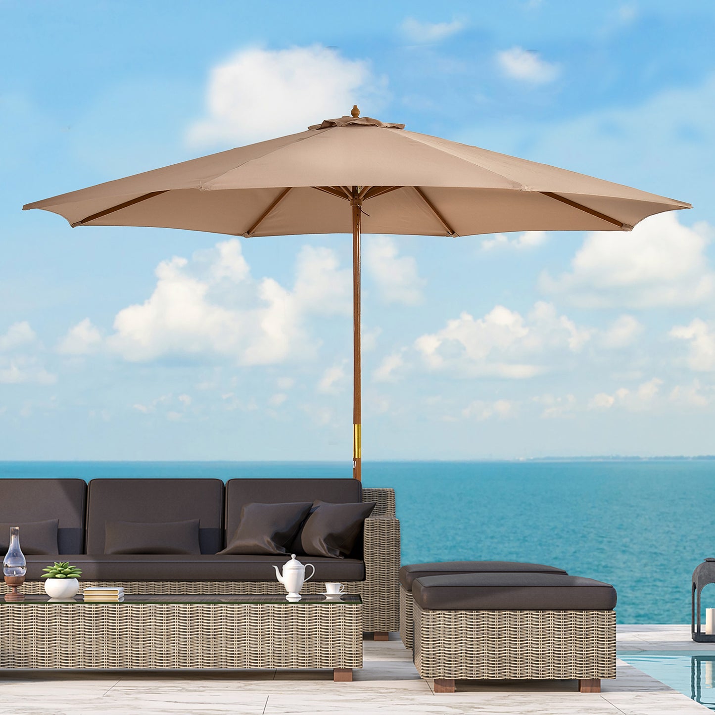 3(m) Garden Umbrella Wooden Parasol 8 Ribs Bamboo Sun Shade Patio Outdoor Umbrella Canopy Khaki