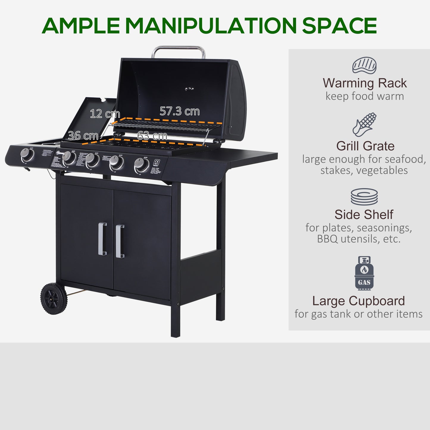 4+1 Burner Gas BBQ Grill, Outdoor Barbecue Trolley with Wheels, Warming Rack, Side Shelves, Cabinet, Thermometer for Garden