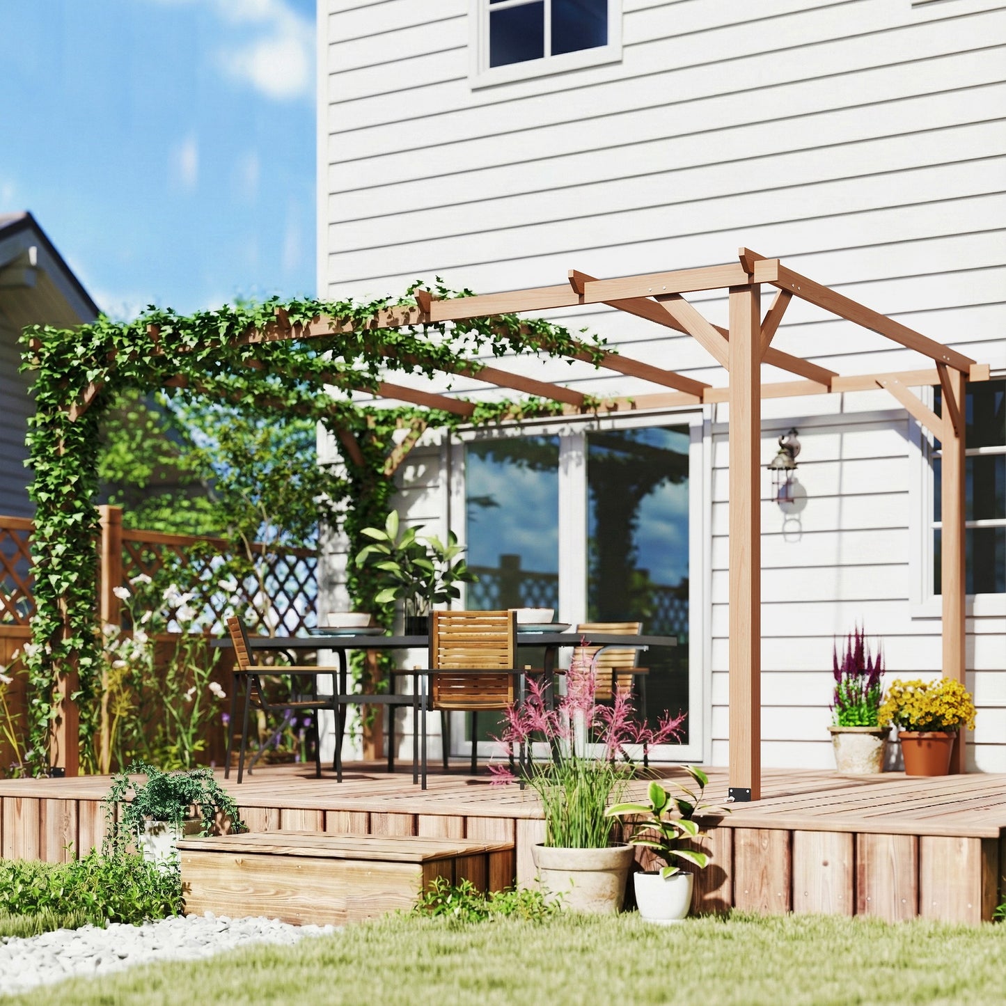 4 x 3 m Wooden Pergola Kit, Garden Pergola Gazebo Grape Trellis with Triangle Supports, 6 Beams, Maple Wood-effect