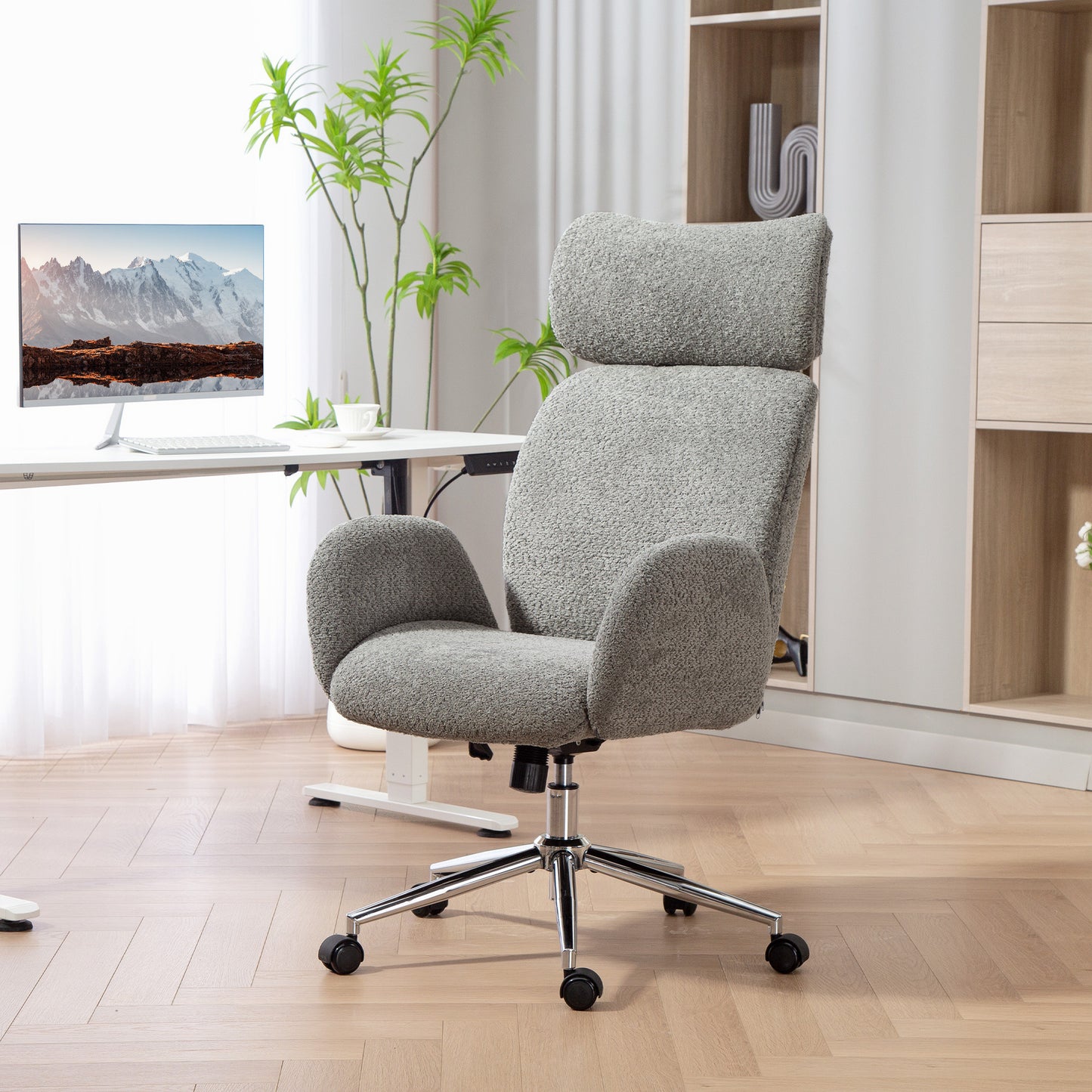 Office Chair with Adjustable Headrest, Spring Pack, Curved Line, Boucle Fabric - Charcoal Grey