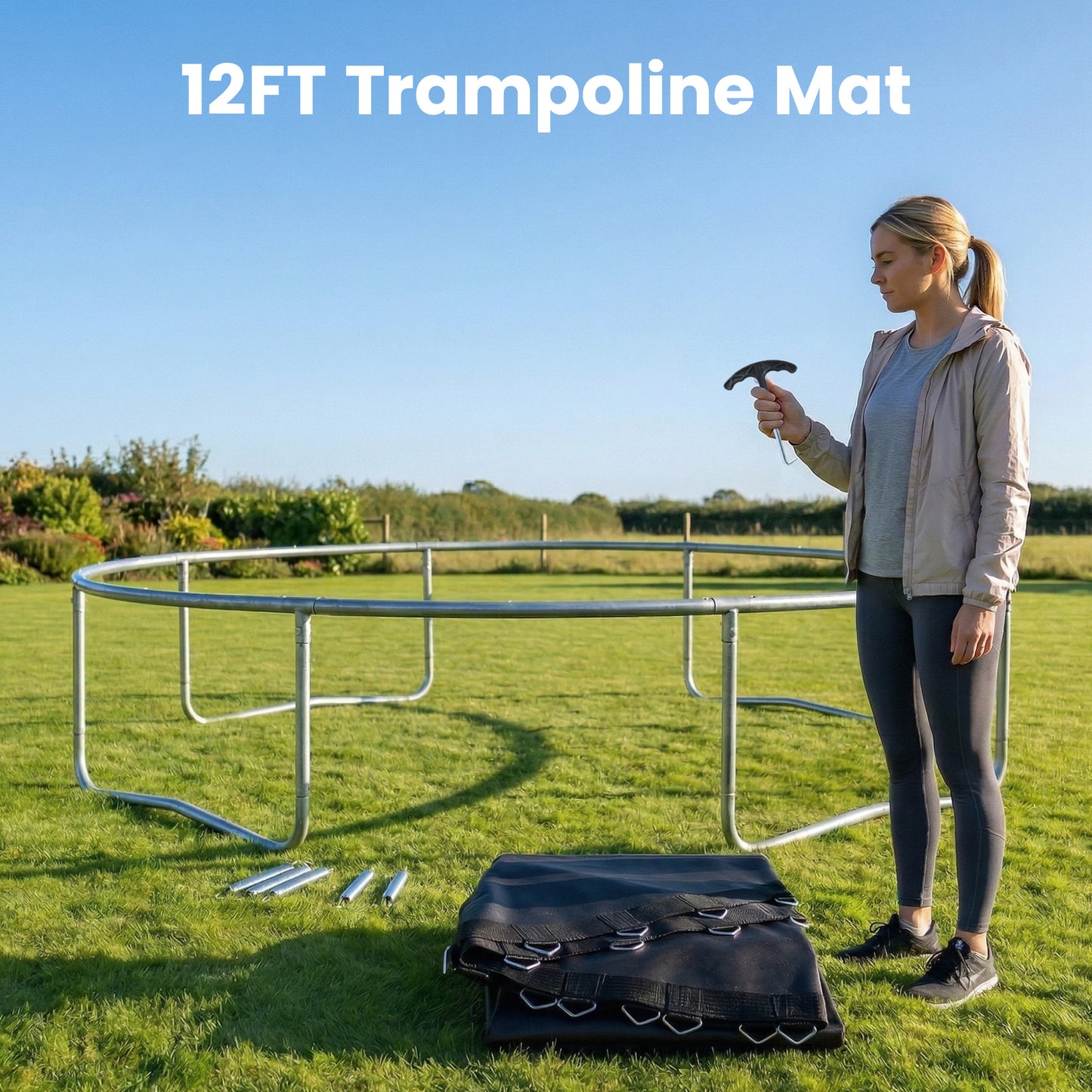 Replacement Trampoline Mat with Spring Pull Tool, 72 V-Hooks, for 12ft Trampoline using 14cm Springs, Black