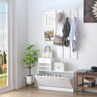 2PC Shoes Storage Chest Cloths Rack Unit w/Mirror Multiple Shelves Large Storage Capacity Shoes Cabinet 6 Hooks Cloth Rack Wh