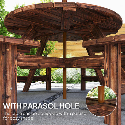 Wooden Garden Dining Set, 8 Seater Patio Furniture Set with Round Picnic Table, Parasol Hole for Outdoor Garden, Tan