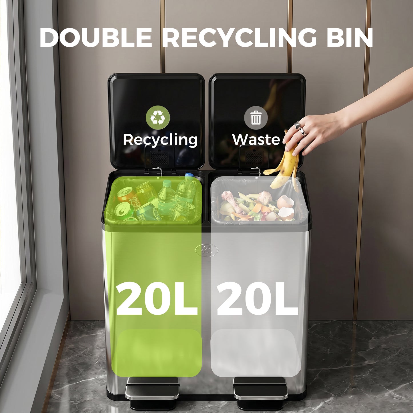 40L Dual Compartment Stainless Steel Bin, with Deodoriser Holders - Silver Tone