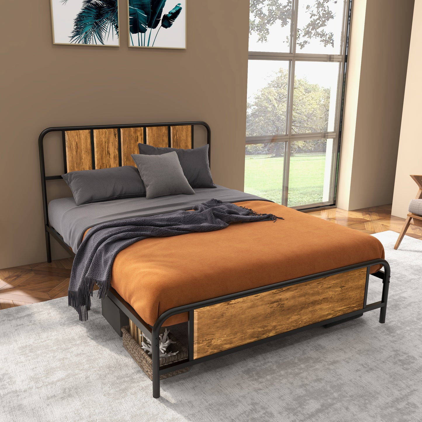 4.8ft Double Bed Frame with Industrial Wood Headboard, Steel Slat Support and 25.5cm Underbed Storage Space, 145 x 197cm