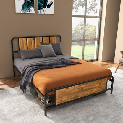 4.8ft Double Bed Frame with Industrial Wood Headboard, Steel Slat Support and 25.5cm Underbed Storage Space, 145 x 197cm