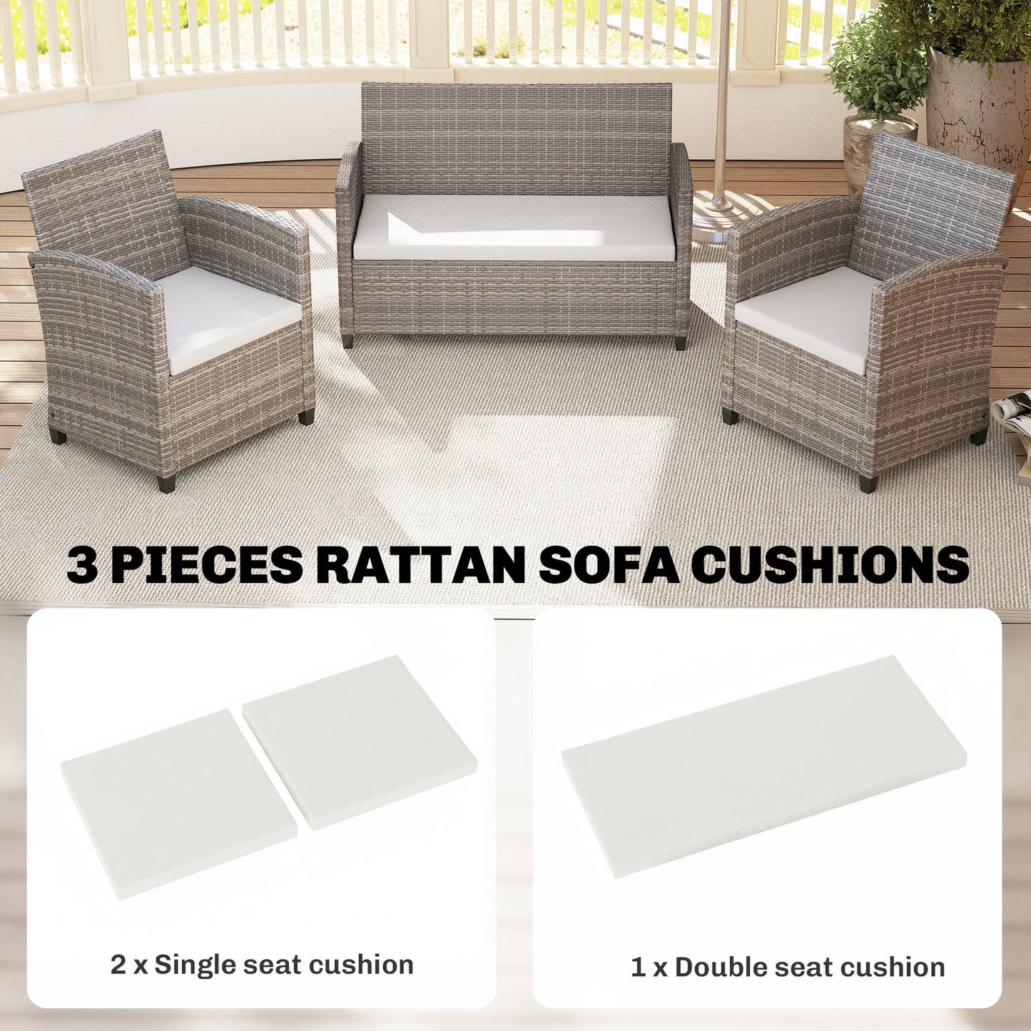 Outdoor Seat Cushion Pads for Rattan Furniture, 3 PCs Garden Furniture Cushions, Cream White