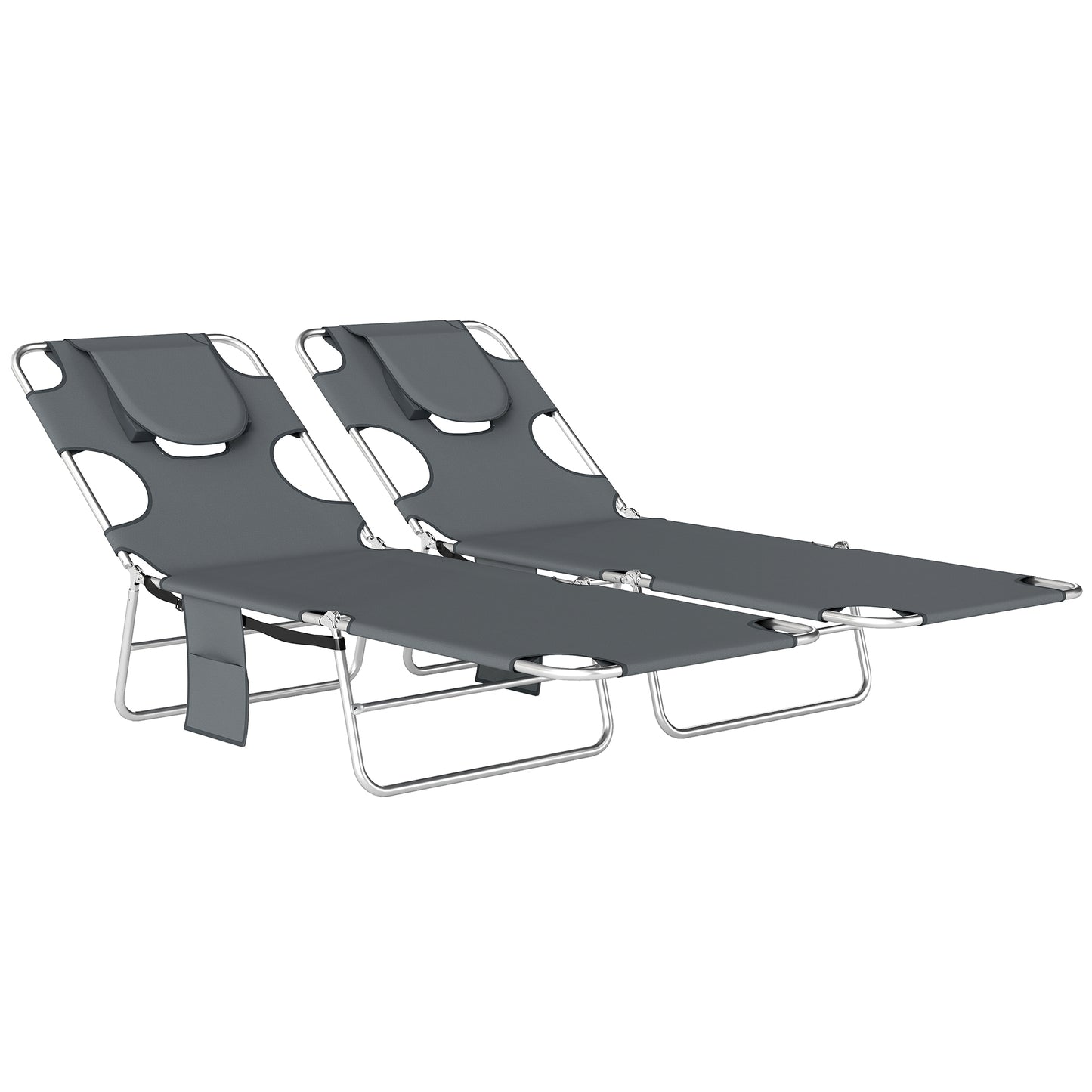 5-Position Adjustable Sun Loungers Set of 2 with Reading Hole and Side Pocket, Dark Grey