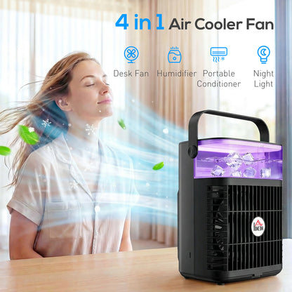 Air Cooler with Adjustable Head, Portable Air Conditioner with 3 Wind Speed, 2 Cool Mist, RGB Light, Black
