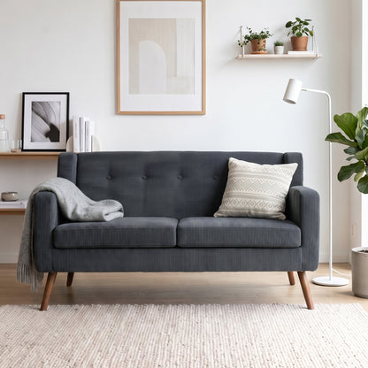 2 Seater Sofa, 118 cm Corduroy Small Loveseat with Spring Cushion, Wood Legs for Small Space, Living Room, Dark Grey