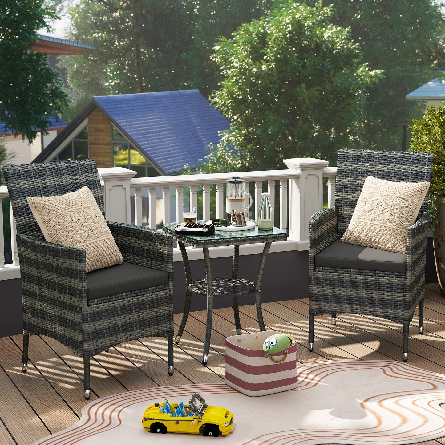 3 Pieces Rattan Bistro Set, Wicker Garden Furniture Set with 2-Tier Coffee Table and Chairs, Washable Cushions