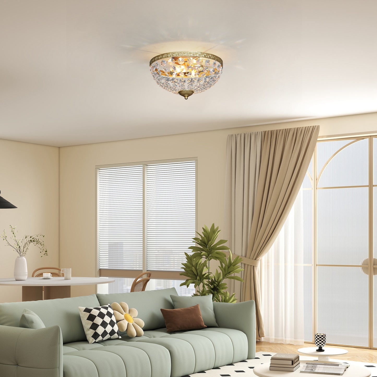 Crystal Chandelier Ceiling Light with 168 Octagonal Beads, Vintage 2-Light Flush Mount Ceiling Light for Living Room