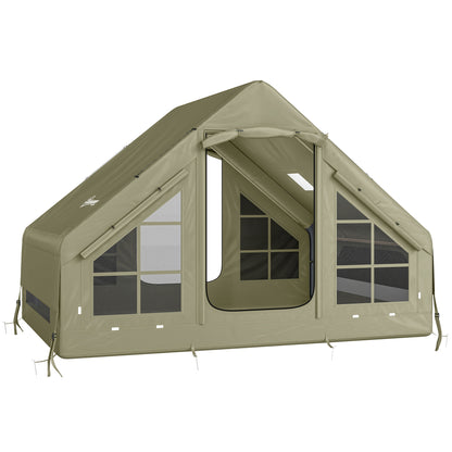 Inflatable Camping Tent with Pump and Stove Jack Hole, Luxury Inflatable Tent with Mesh Windows, Doors, Olive Green