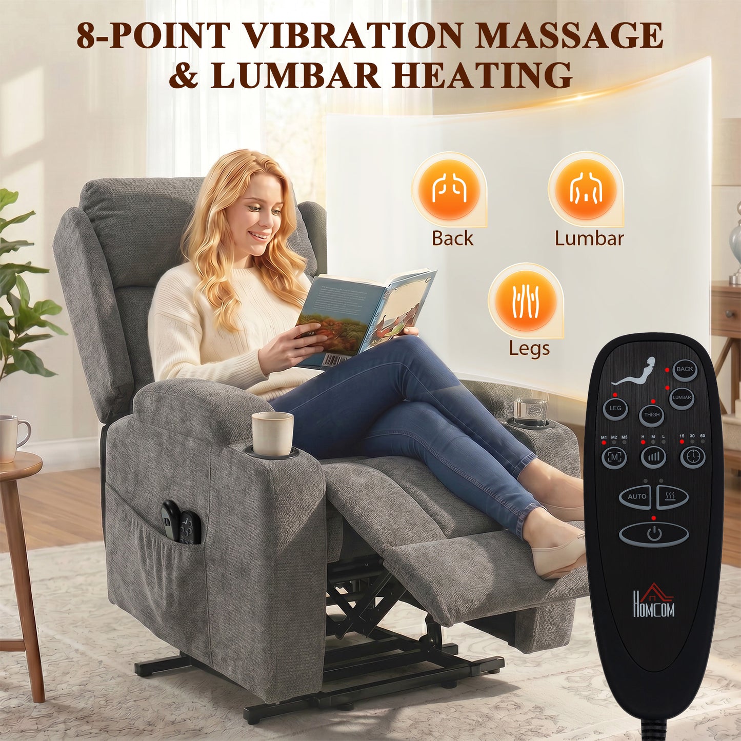 Power Lift Recliner Chair with Vibration Massage and Heat, Chenille Riser and Recliner Armchair for Elderly, Grey