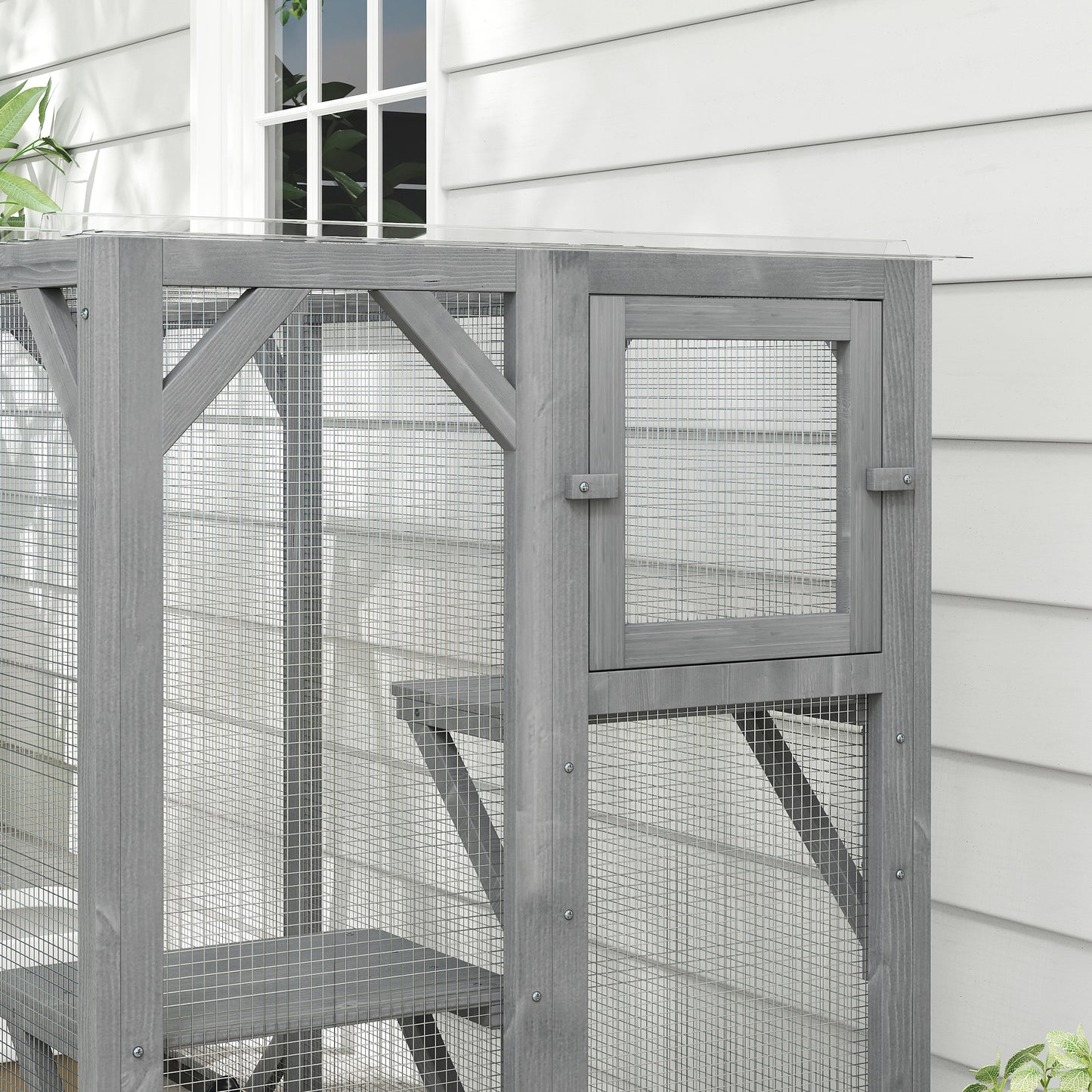 71" Outdoor Wooden Cat House with Three Platforms, Large Door, Water-Resistant Roof, for Multiple Cats, Grey