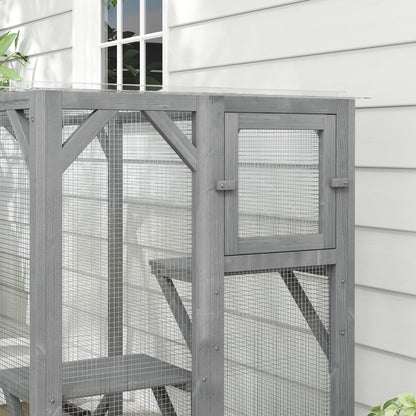 71" Outdoor Wooden Cat House with Three Platforms, Large Door, Water-Resistant Roof, for Multiple Cats, Grey