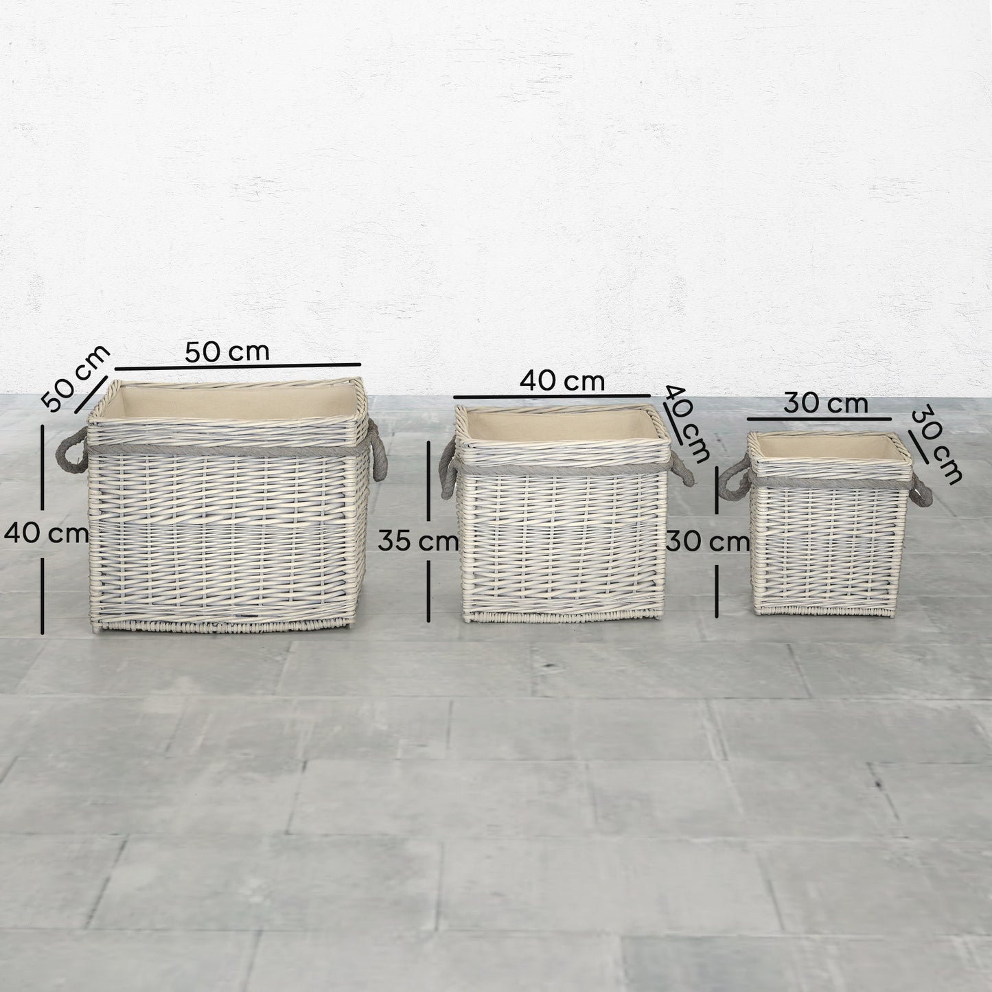 Set of 3 Log Baskets for Wood Burner Indoor, Storage Basket with Lining and Rope Handles, Wicker Basket for Fireside Storage