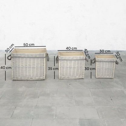 Set of 3 Log Baskets for Wood Burner Indoor, Storage Basket with Lining and Rope Handles, Wicker Basket for Fireside Storage