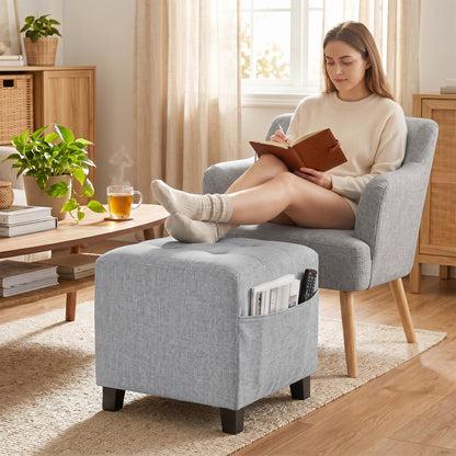 Square Footstool, Small Ottoman with Side Pocket, Linen Fabric Footrest Foot Stool with Rubber Wood Legs and Padded Seat for